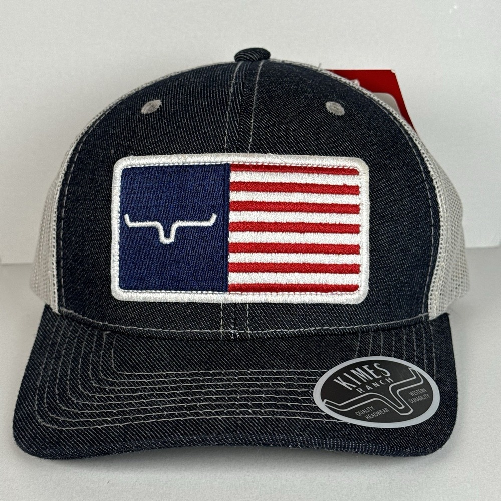 NWT Kimes Ranch American Trucker Denim Hat Cap USA Flag Snapback Patriotic